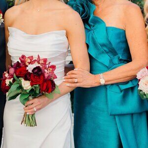 Ricki Freeman TERI JON Jacquard Flower Side Drape Gown in teal, size 8